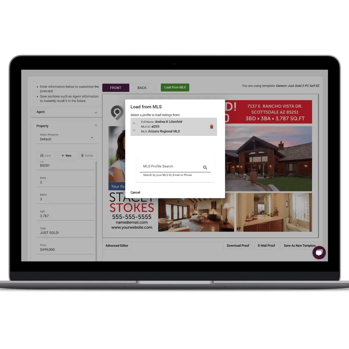 A laptop screen showing the ease of MLS integration when creating mailers