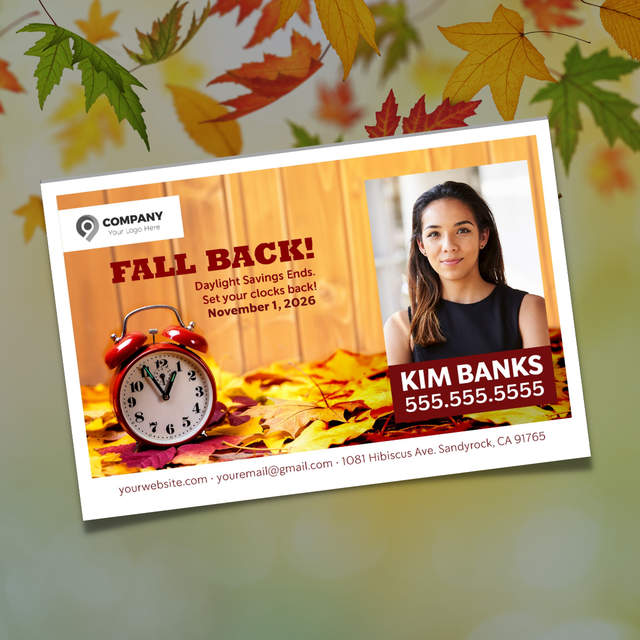 2026 Fall Back Postcard with red clock