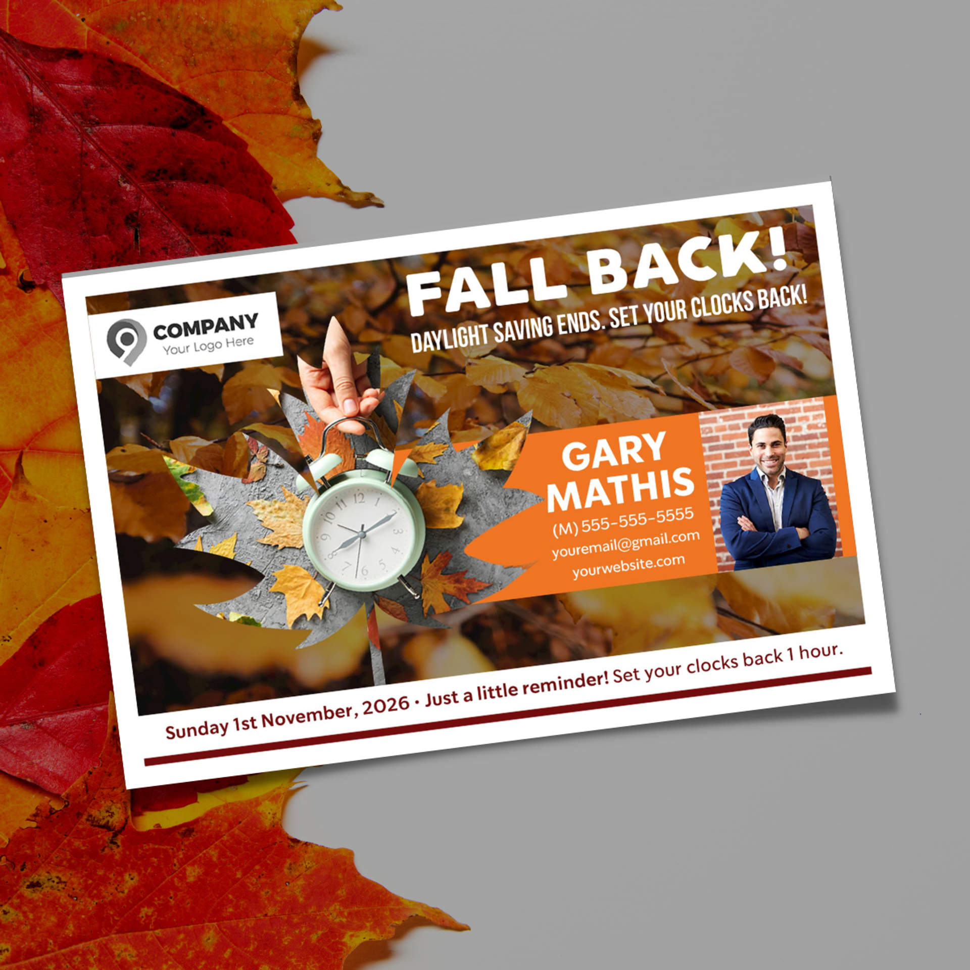 2026 Fall Back Postcard with silver clock