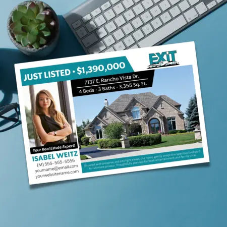 An Exit Rrealty postcard with a blue background.