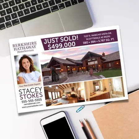 A front and back image of a real estate 'just sold your neighbors home' postcard.