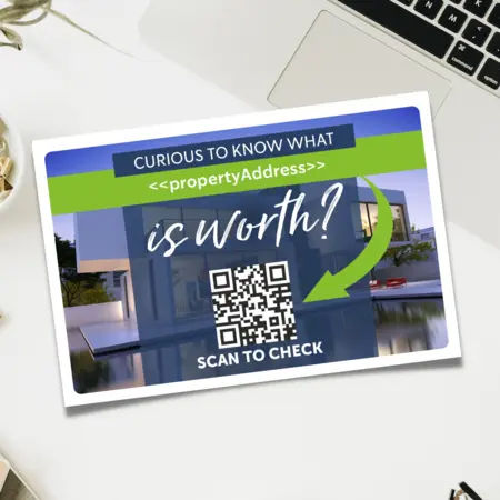 The front of a minimalist automated seller valuation postcard.
