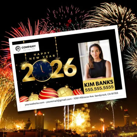 new year 2026 postcards with fireworks in the background