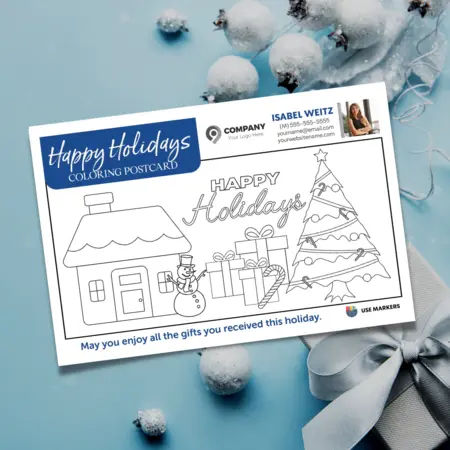 A front and back image of a real estate holiday postcard.