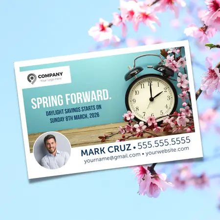 spring forward postcard with pink flowers