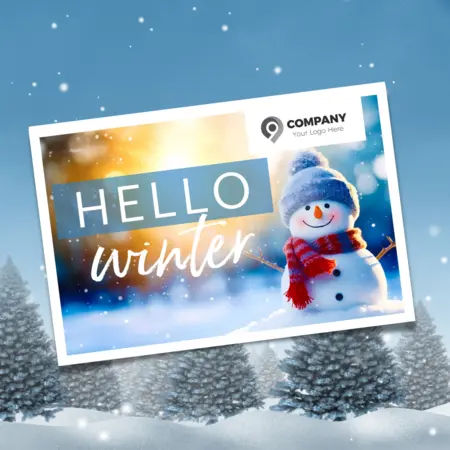 Real estate winter postcard featuring a snowman in a scarf and 'Hello Winter' greeting.