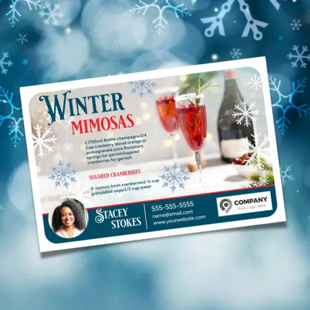 Real estate winter postcard featuring a Winter Mimosas recipe with festive imagery.