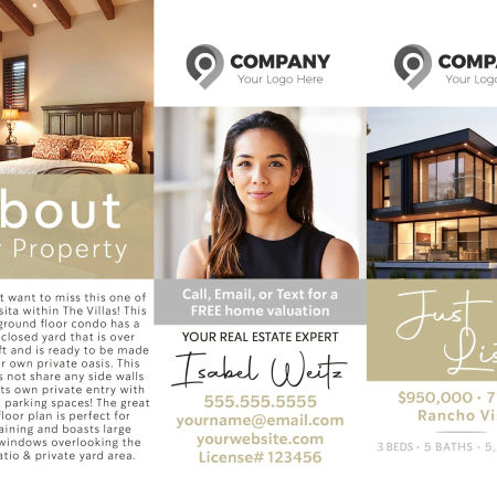 A front and opened view of a real estate brochure.