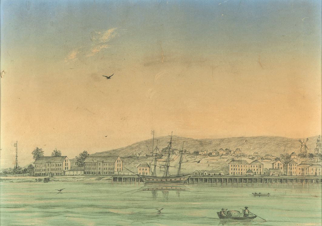 Pencil sketch by an unknown artist, title ‘The New Wharf and Battery Point’ circa 1856. View is taken either from the Kangaroo Steam Boat Pier or from a vessel anchored in Sullivans Cove. Sourced from the Tasmanian Archives. ⌘