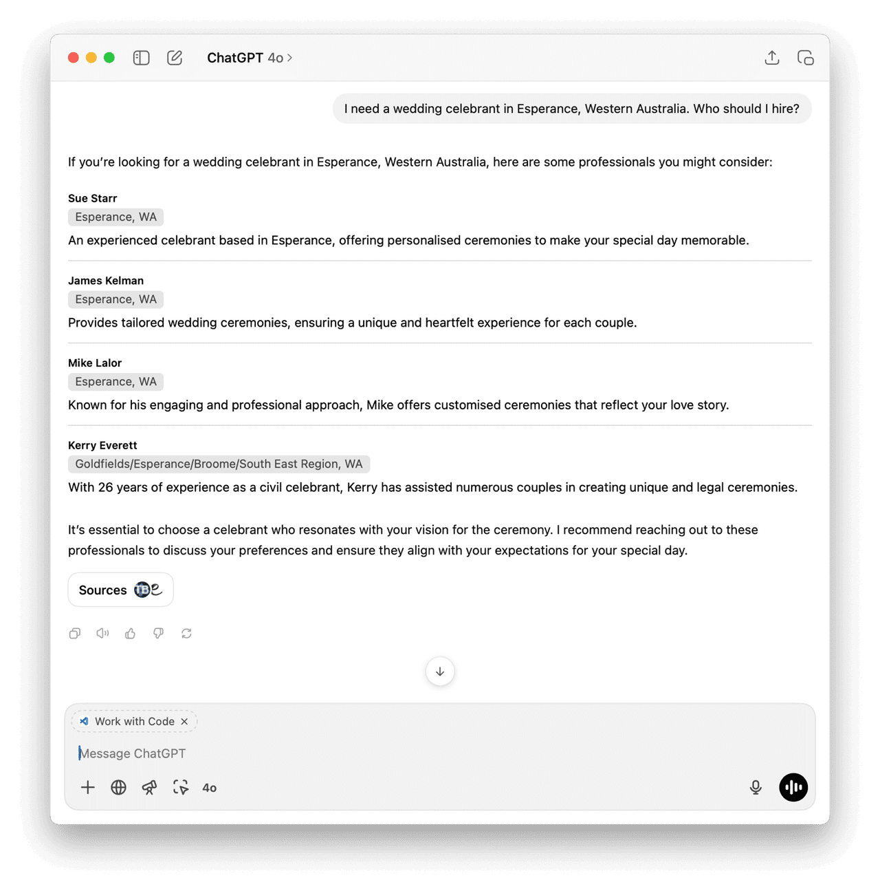 Screenshot of ChatGPT searching for a wedding celebrant in Esperance [⌘](https://ik.imagekit.io/withers/Screenshot_of_ChatGPT_searching_for_a_celebrant_in_Esperance_WtN6VFWGE)