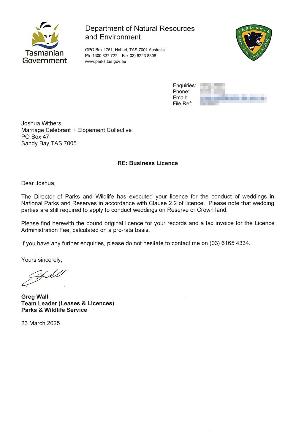 Tasmanian Parks and Wildlife License To Operate As A Wedding Celebrant in The Tasmananian Wilderness Weddings ⌘