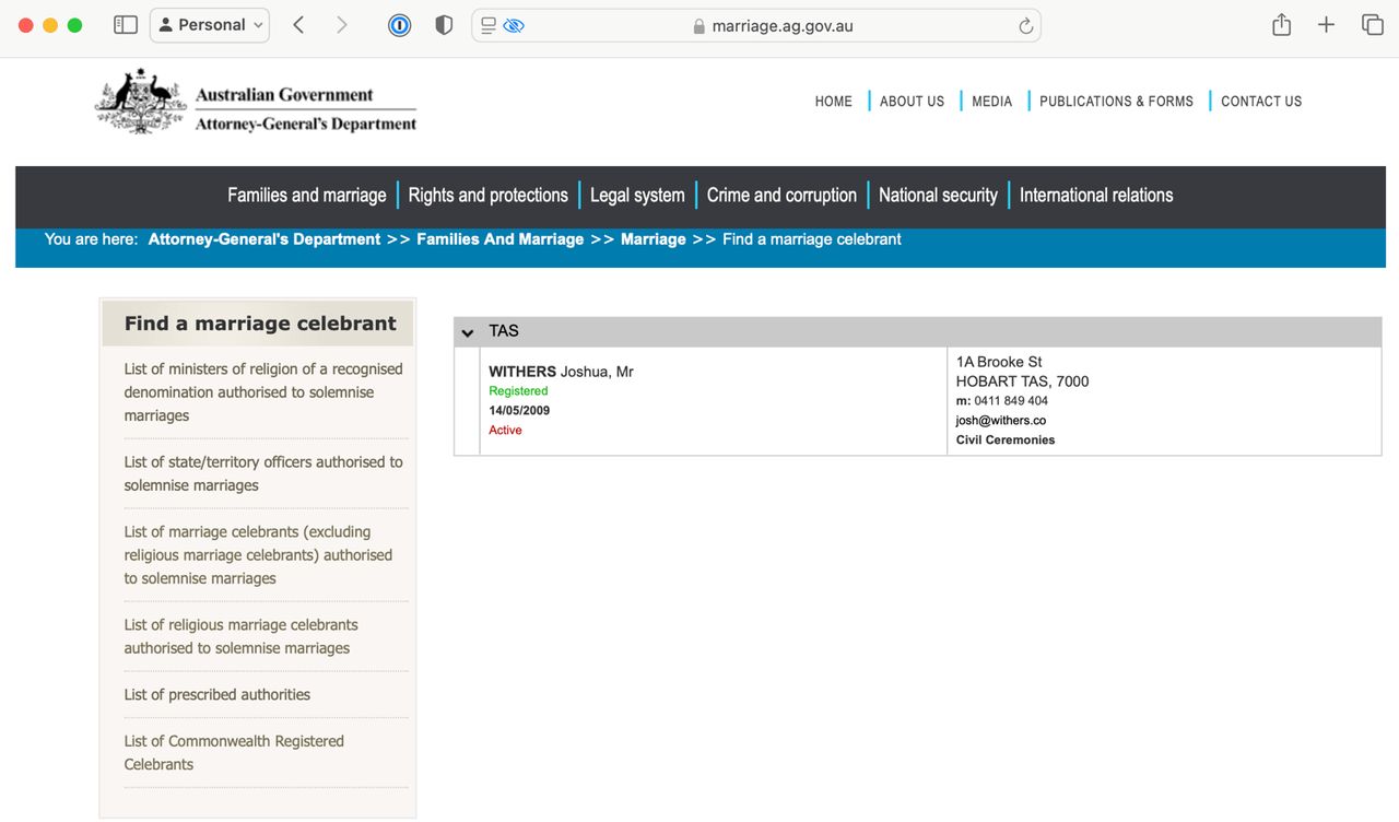 Screenshot of Josh Withers’ authority to be a celebrant as found on the Attorney Generals Government website ⌘