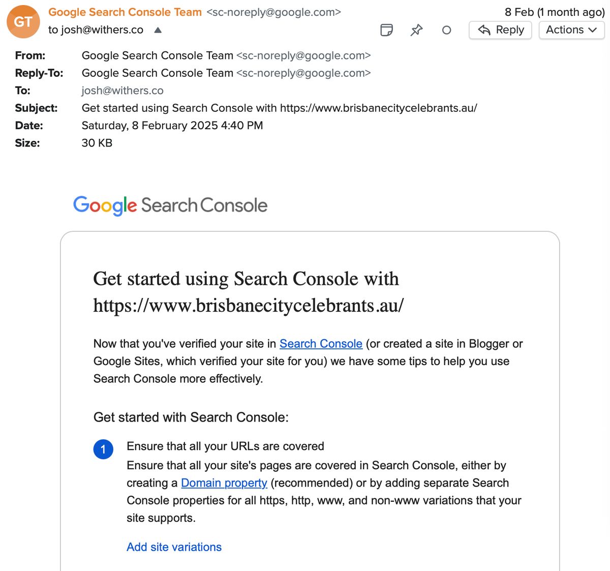 Screenshot of Google Search Console confirming the site was added on February 8, 2025 [⌘](https://ik.imagekit.io/withers/gsc-screenshot_WS9qPlhtn)