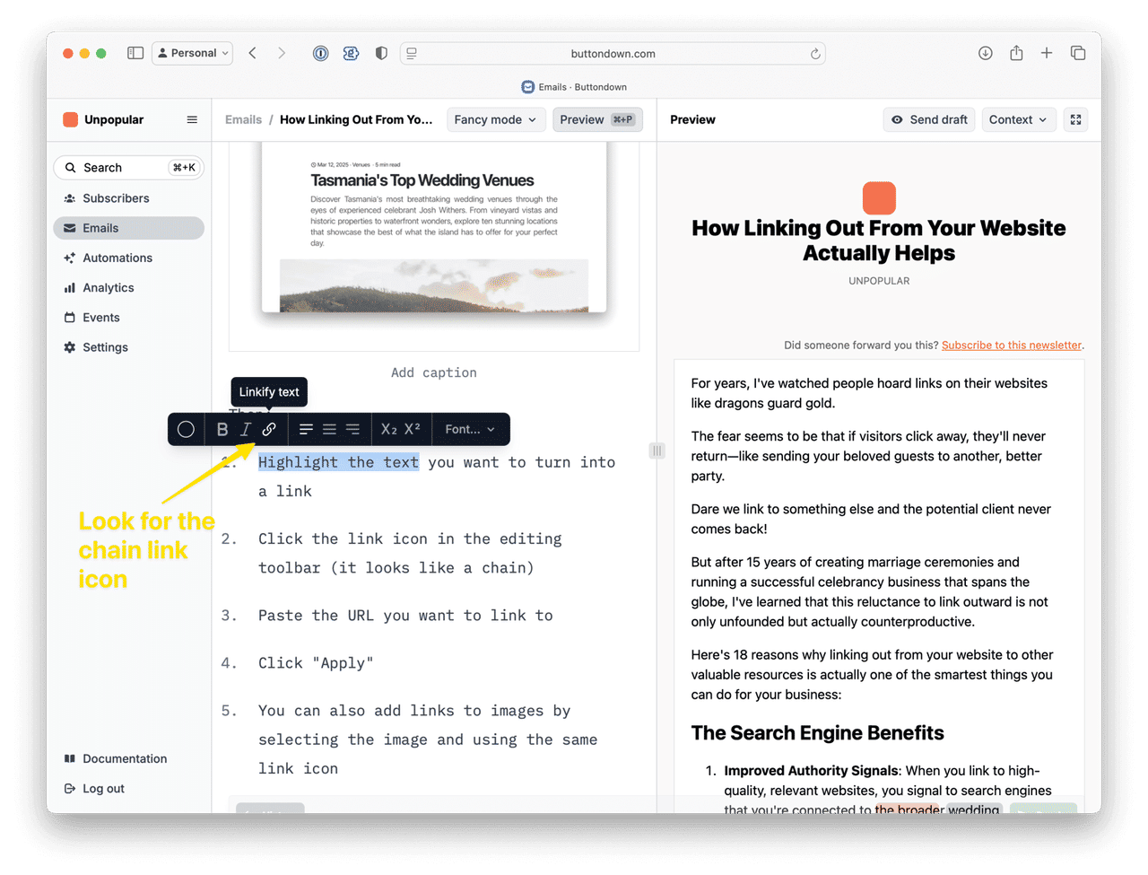 Look for the chain link icon [⌘](https://ik.imagekit.io/withers/hyperlink_example_screenshot_LOVvnnnWq)