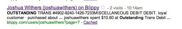 Screenshot of Google search results for Blippy comes up with Josh Withers details ⌘