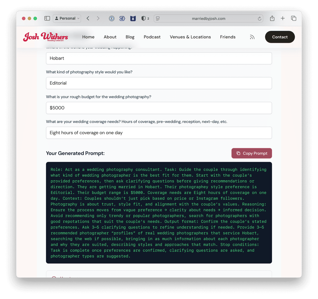 Screenshot of wedding planning AI prompt generator in action ⌘