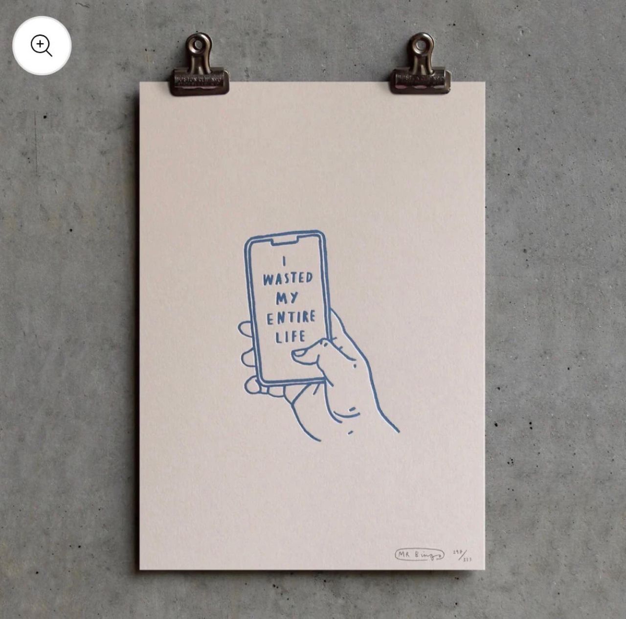 Blue line drawing of a hand holding a phone with the text "I wasted my entire life" on a beige background.