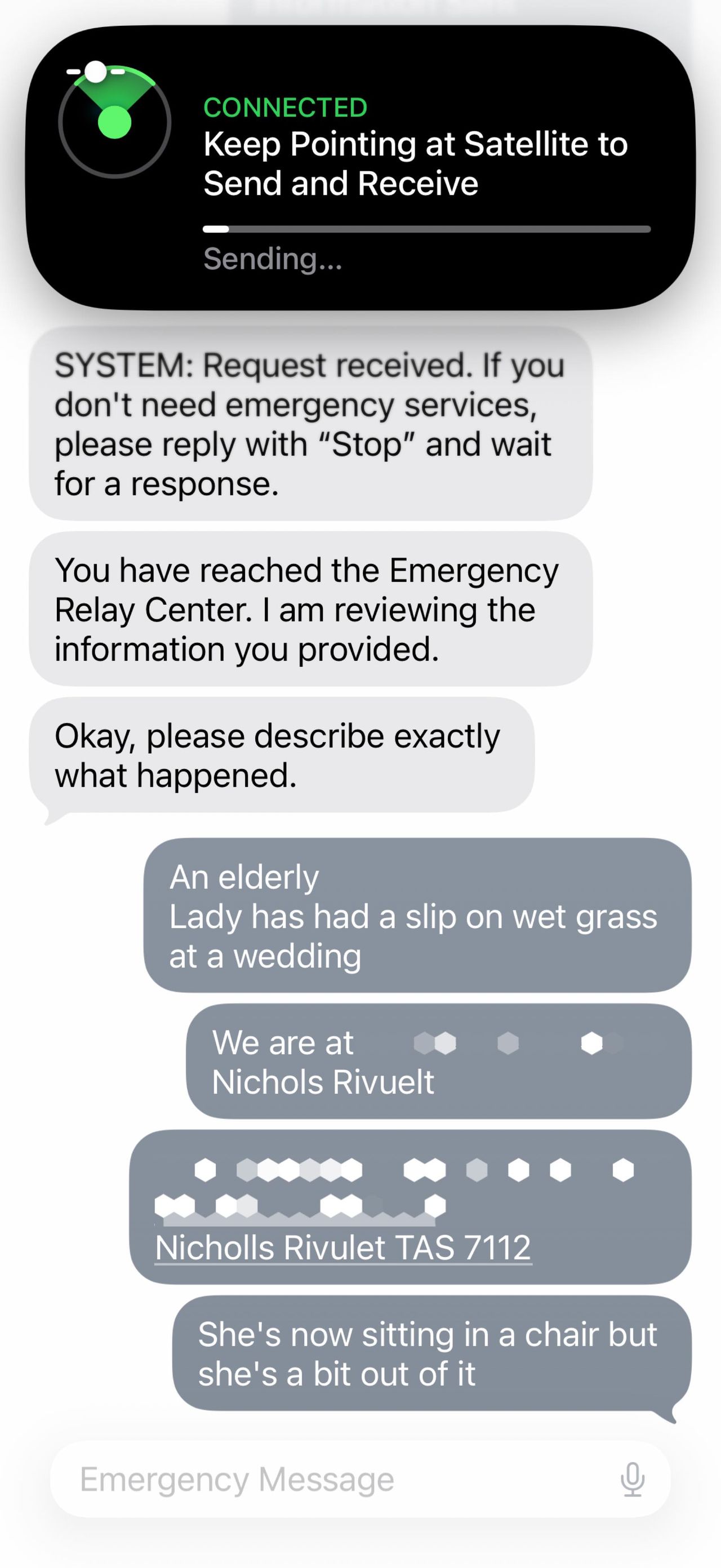 iPhone 17 Pro screenshot using the Emergency SOS service in Australia with emergency message: Elderly lady slipped at wedding