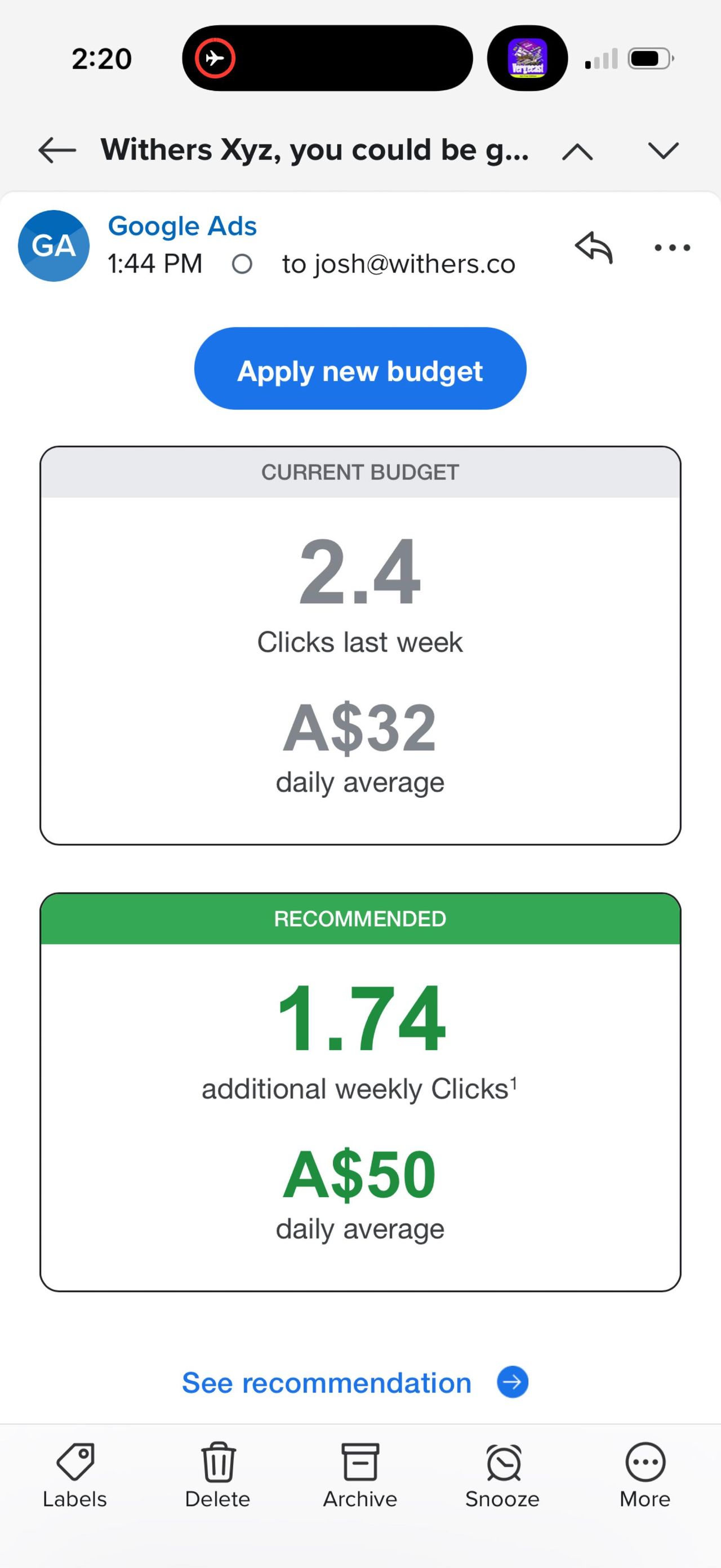 Screenshot of a Google Ads budget recommendation email showing current and recommended daily budgets.