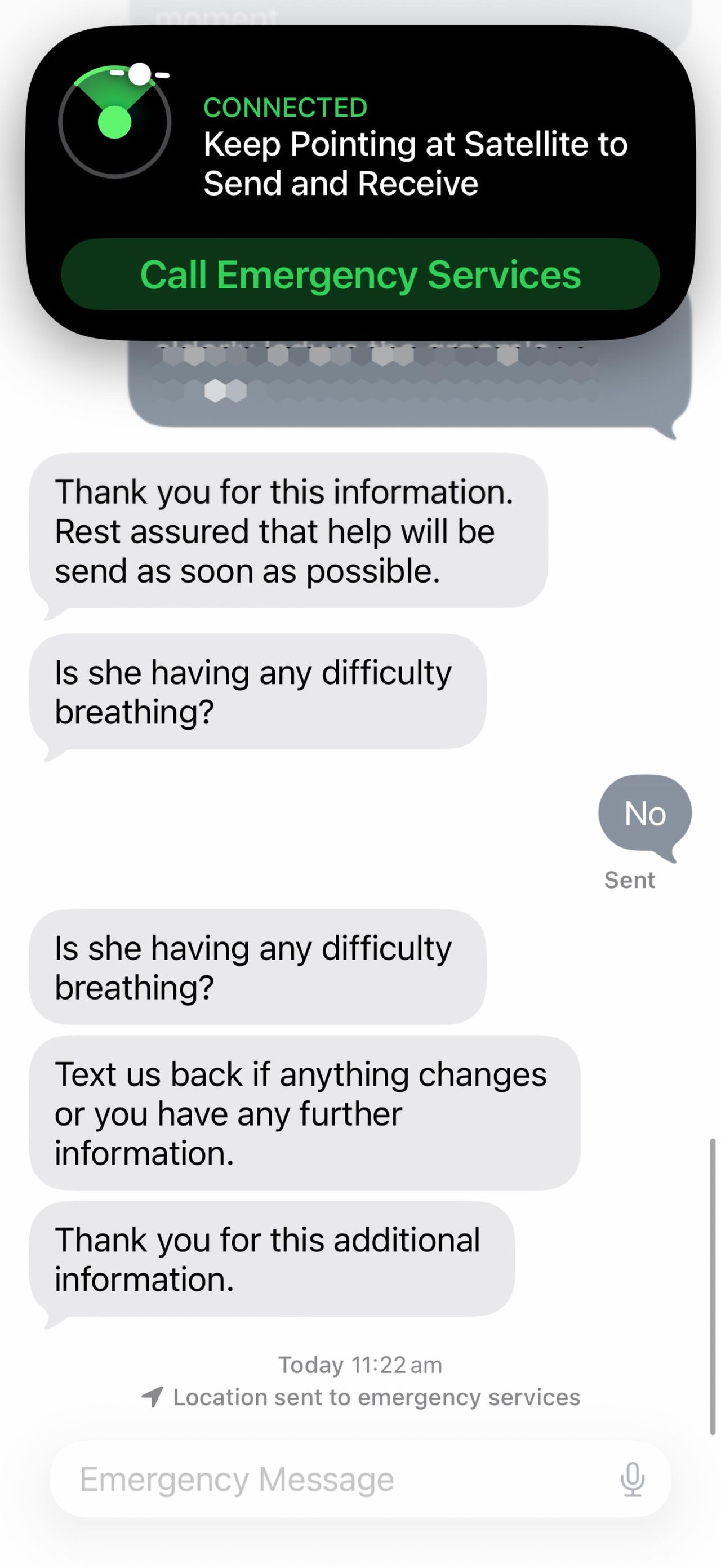 iPhone 17 Pro screenshot using the Emergency SOS service in Australia at Nicholls Rivulet, Tasmania