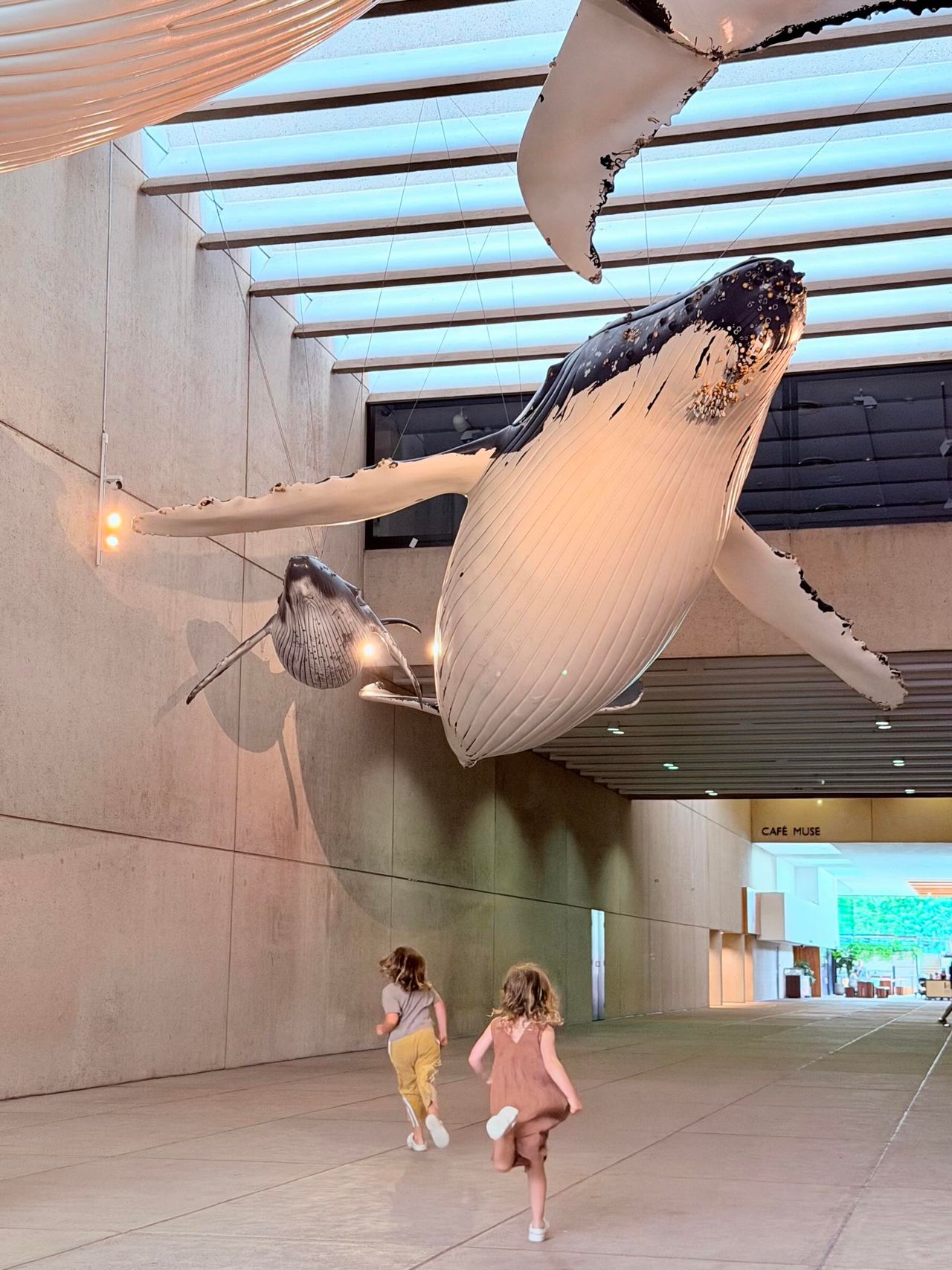 Two children running under a suspended whale sculpture in a modern building lobby.