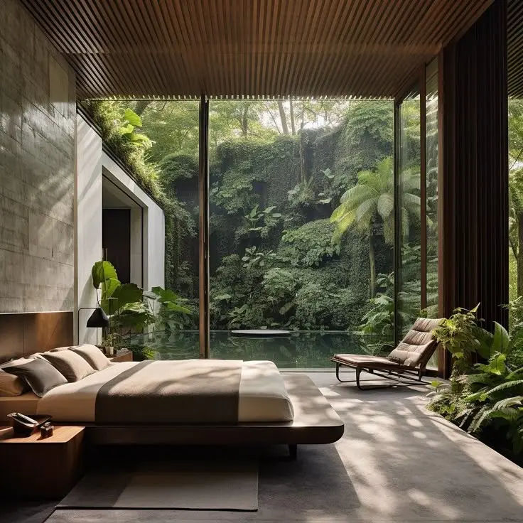 This may contain: a bedroom with a large bed sitting next to a window covered in plants and trees