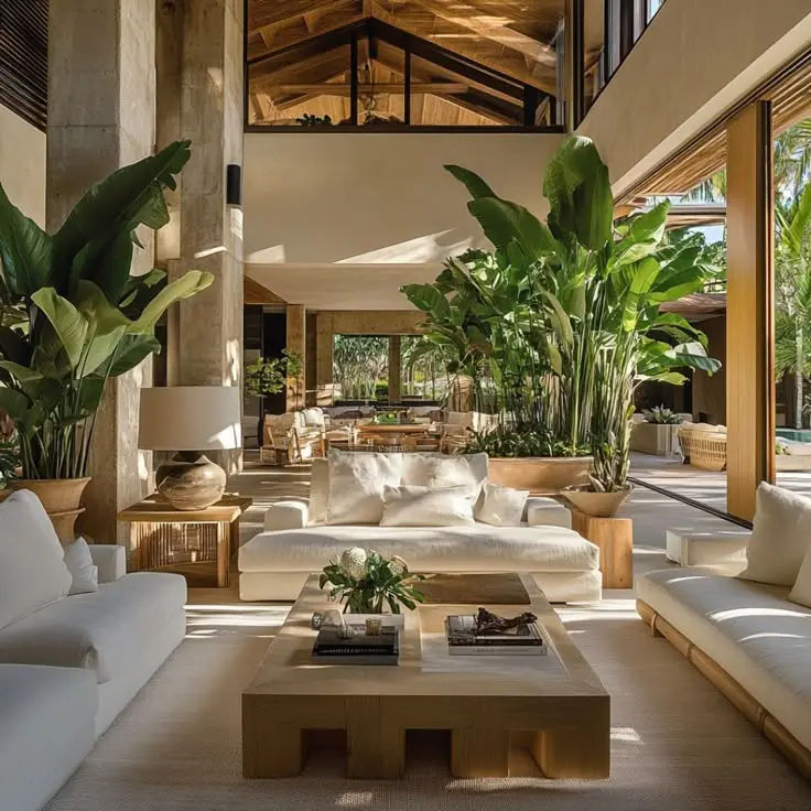 This may contain: a living room filled with lots of white furniture