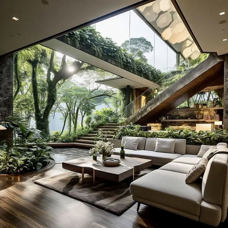 This may contain: a living room filled with lots of furniture and plants on top of a hard wood floor