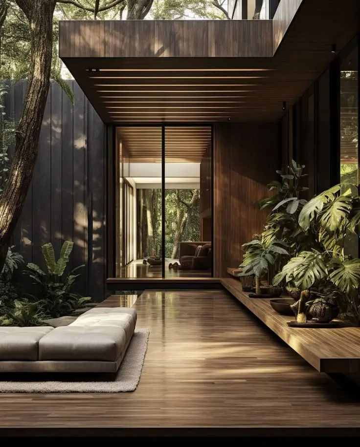This may contain: an outdoor living area with wooden floors and plants on either side of the couches