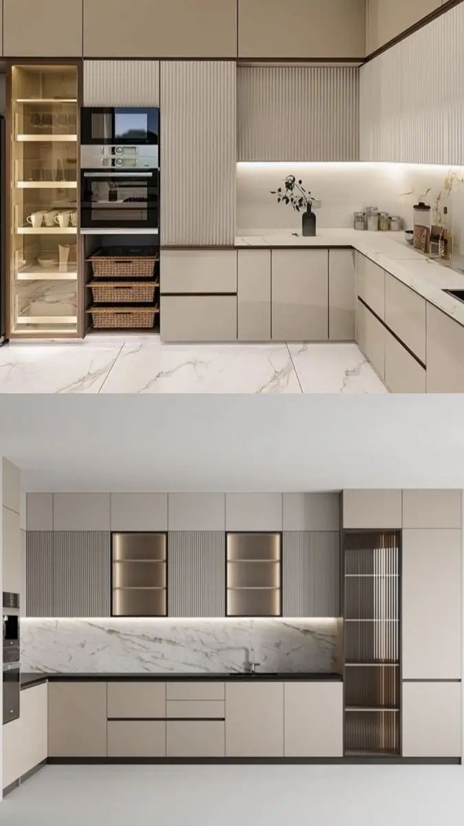 This may contain: two pictures of the same kitchen in different positions