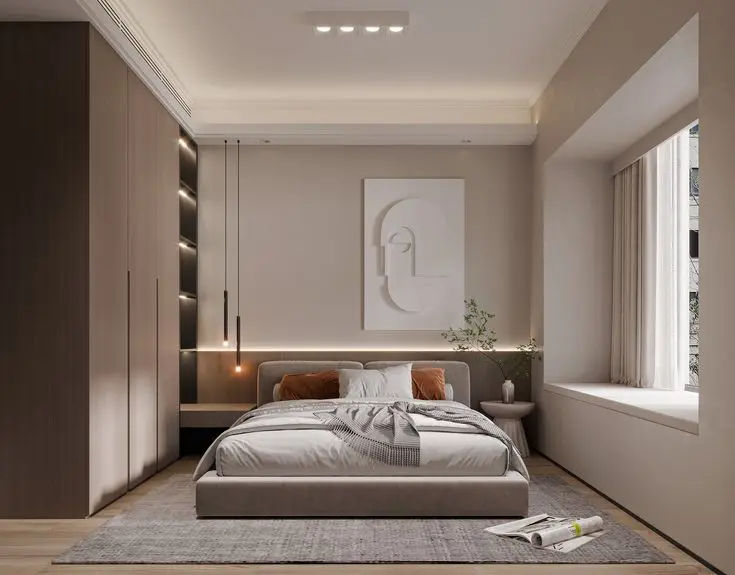 This may contain: a bedroom with a large bed in front of a window and a painting on the wall