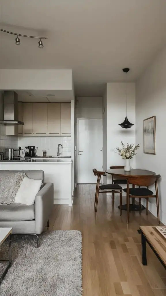 This may contain: a living room filled with furniture next to a kitchen and dining room table on top of a hard wood floor