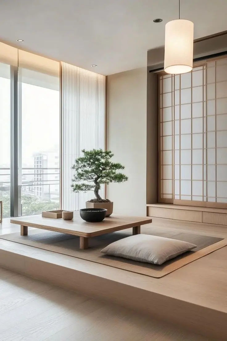 This contains: Modern Japanese living room with low table, tatami mat, shoji screen, and bonsai tree