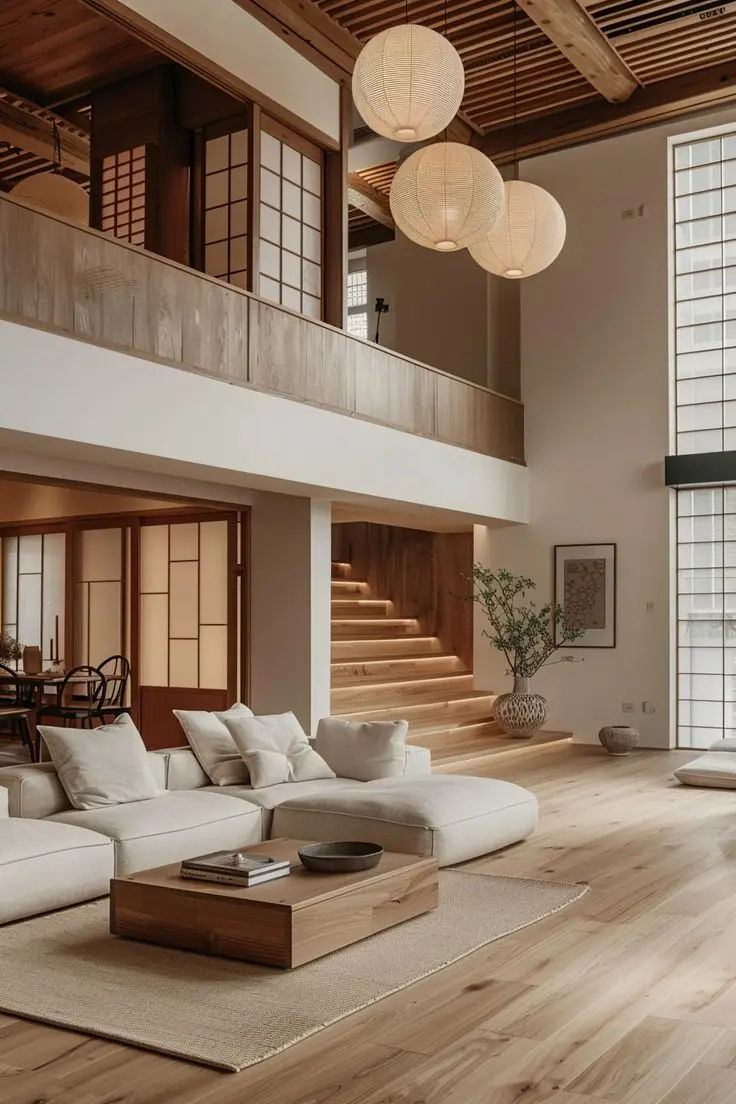 This may contain: a living room filled with furniture and lots of windows next to a stair case on top of a hard wood floor