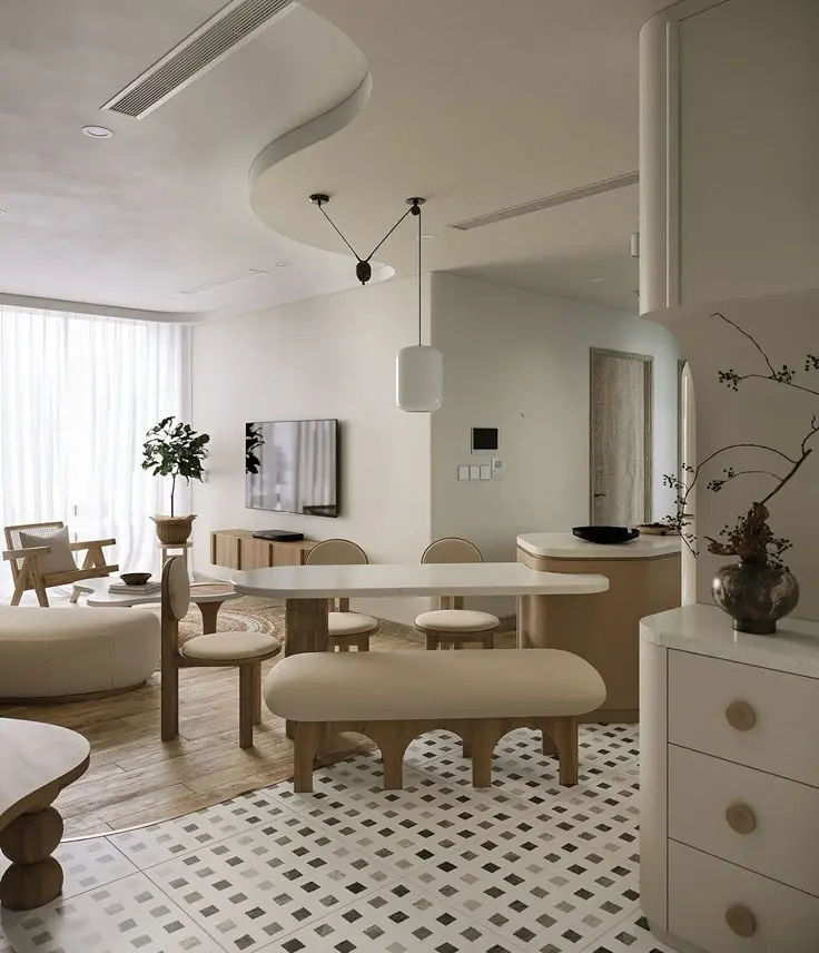 This may contain: a living room filled with furniture and a white table in front of a large window