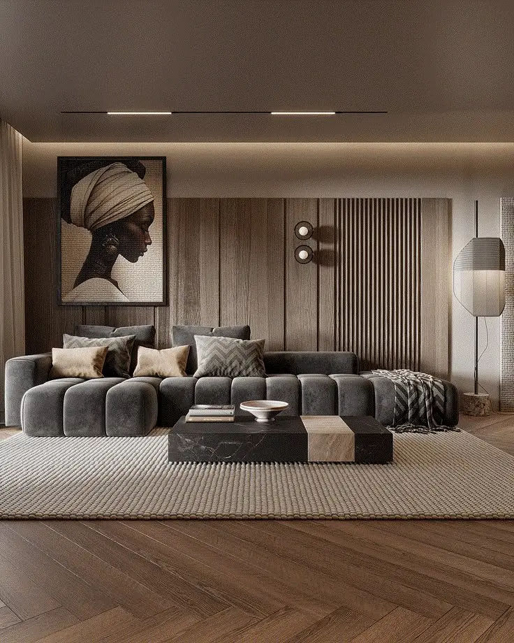 This may contain: a modern living room with wood flooring and gray couches in front of a painting on the wall