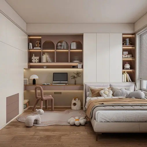 This may contain: a bedroom with a bed, desk and shelves on the wall next to it's windows