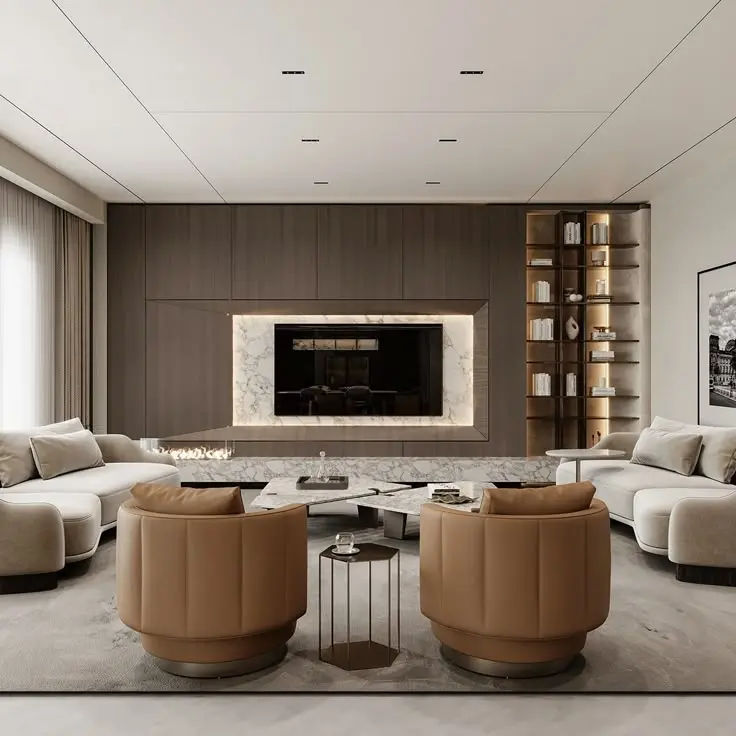 This may contain: a living room with two couches and a television on the wall in it's center