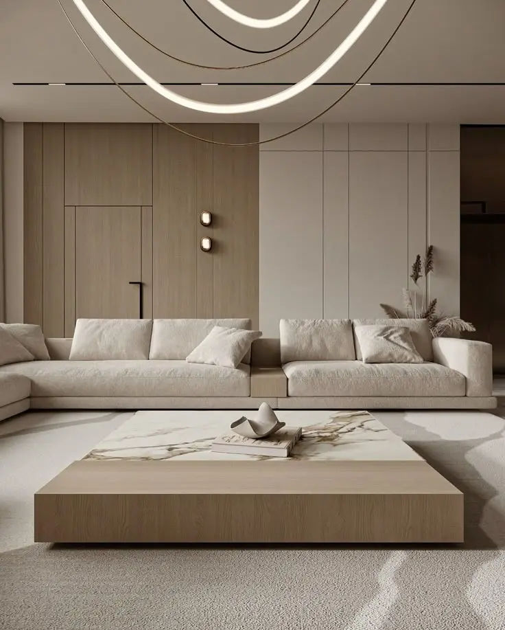 This may contain: a modern living room with beige furniture and white carpeted flooring on the walls