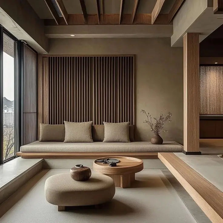This may contain: a living room filled with furniture next to a large window covered in wooden slats
