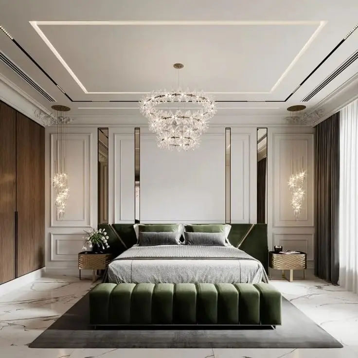 This may contain: a bedroom with a large bed and chandelier