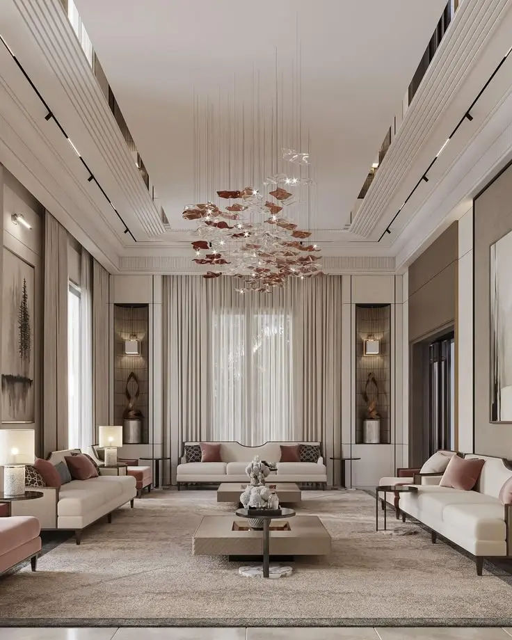 This may contain: a large living room with couches, tables and lamps on the ceiling in front of windows