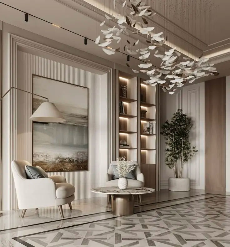 This may contain: a living room filled with furniture and a chandelier hanging from the ceiling over a marble floor