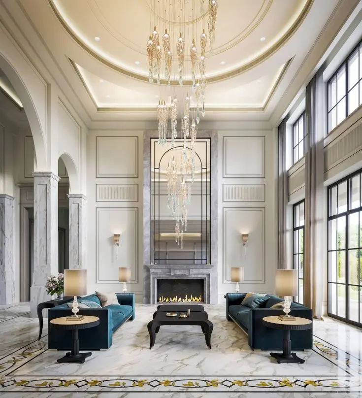 This may contain: an elegant living room with chandelier, couches and fireplace in the center