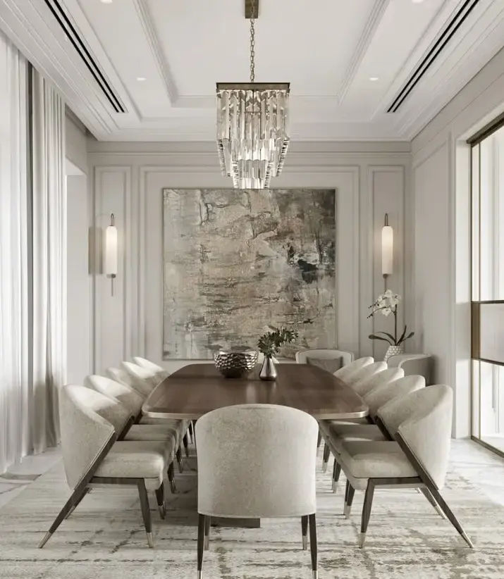This may contain: an elegant dining room with chandelier and large painting on the wall behind it
