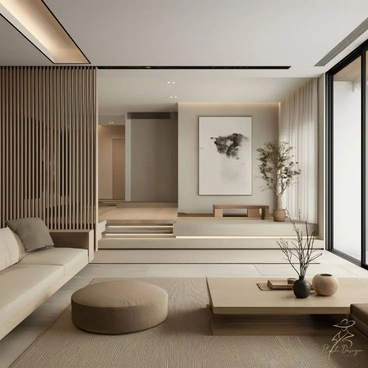 This may contain: a living room filled with furniture and a painting on the wall