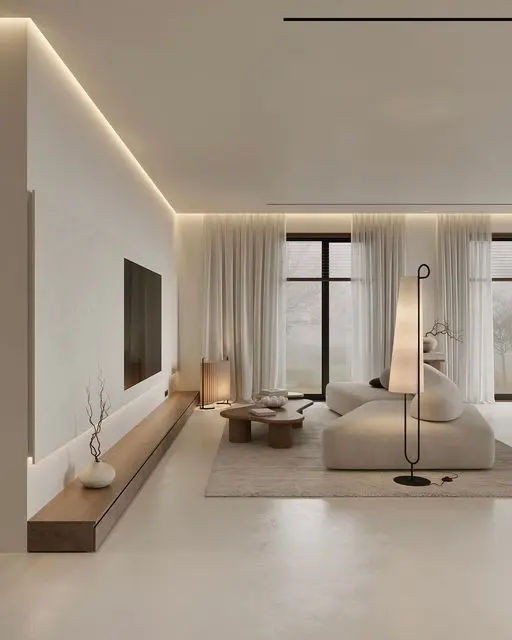 This may contain: a modern living room with white walls and floor to ceiling drapes on the windows