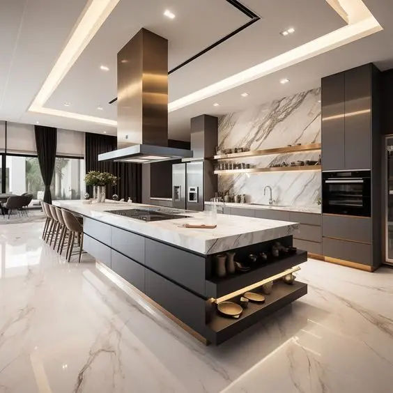 This may contain: a modern kitchen with marble counter tops and black cabinets