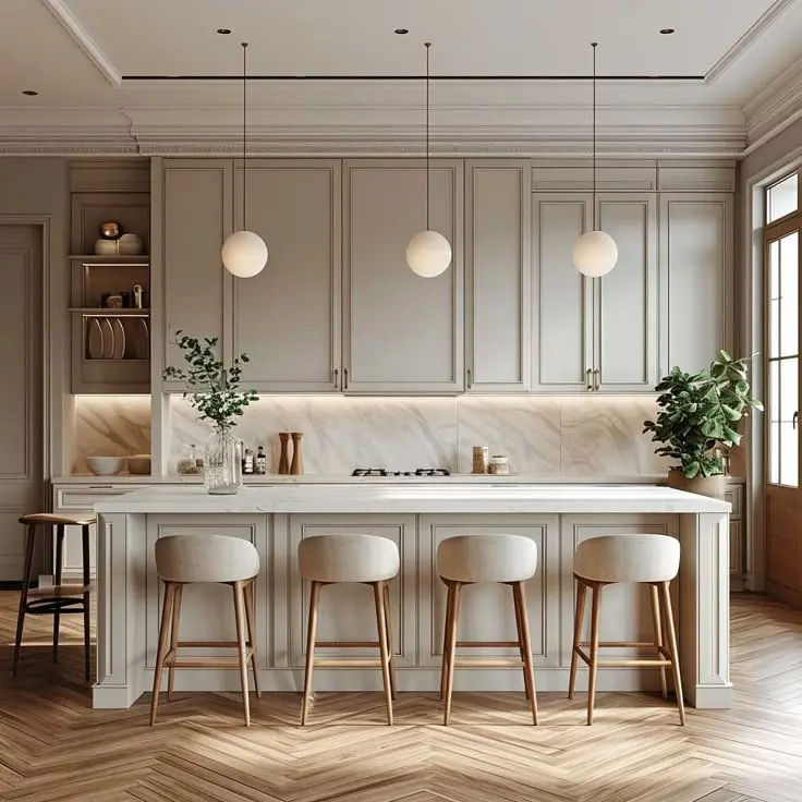 This may contain: a kitchen with white counter tops and stools next to an island in the middle