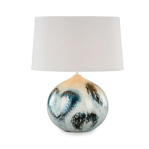 Table lamp ceramic, round, white with blue heart motif and with natural coloured linen shade